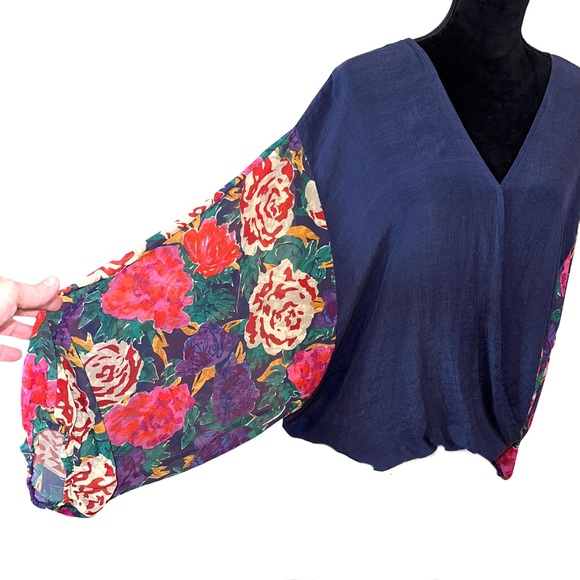 Scrap Work Balloon Sleeve Wrap Front Blouse Size Large Artsy Design Oversized - Picture 3 of 11